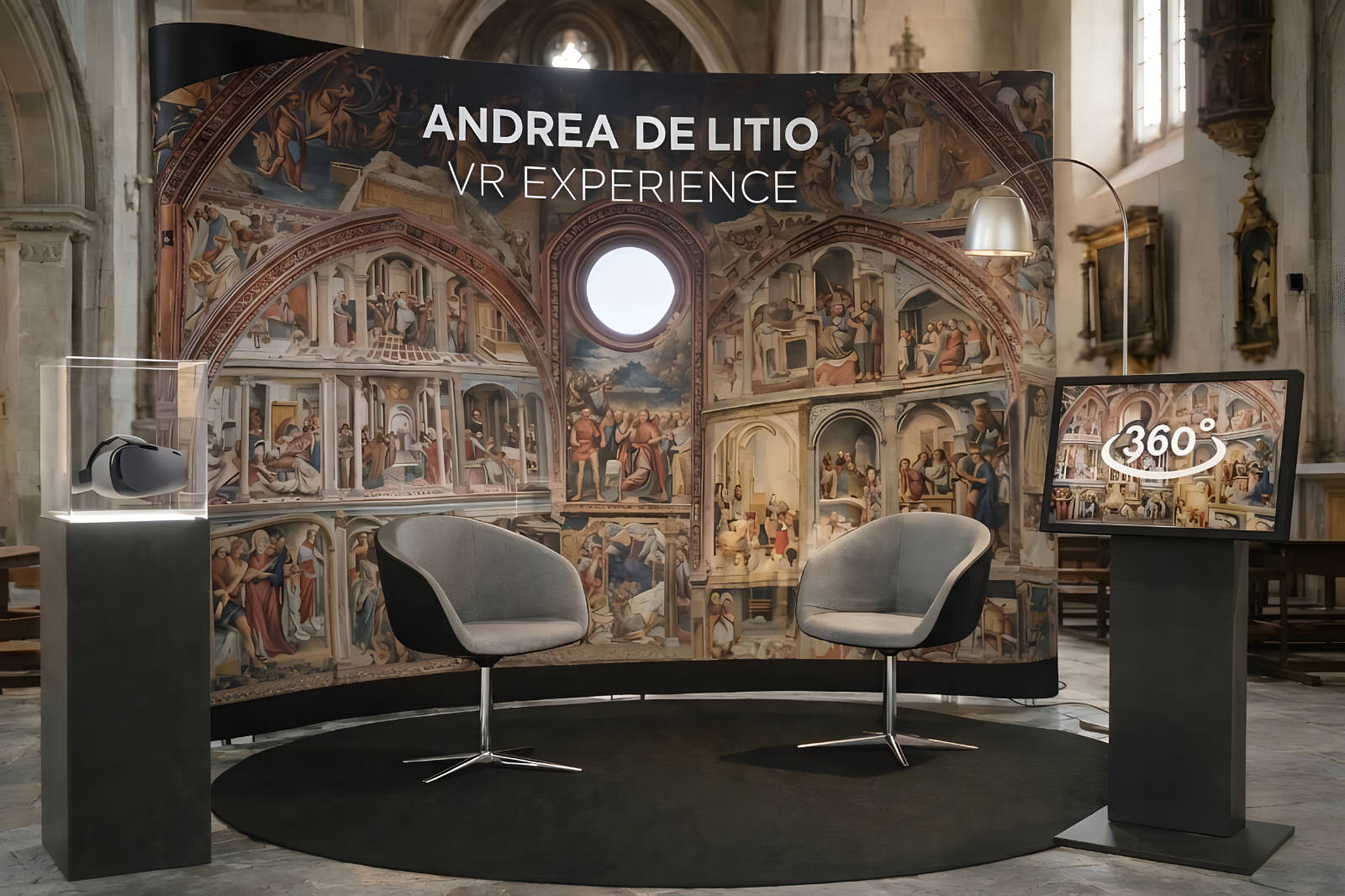 Postazione della Andrea De Litio VR Experience: due poltrone, visore e schermo a 360 gradi davanti alla riproduzione degli affreschi