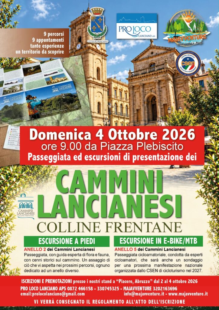 Locandina della passeggiata di presentazione dei Cammini Lancianesi, domenica 4 ottobre 2026 da Piazza Plebiscito