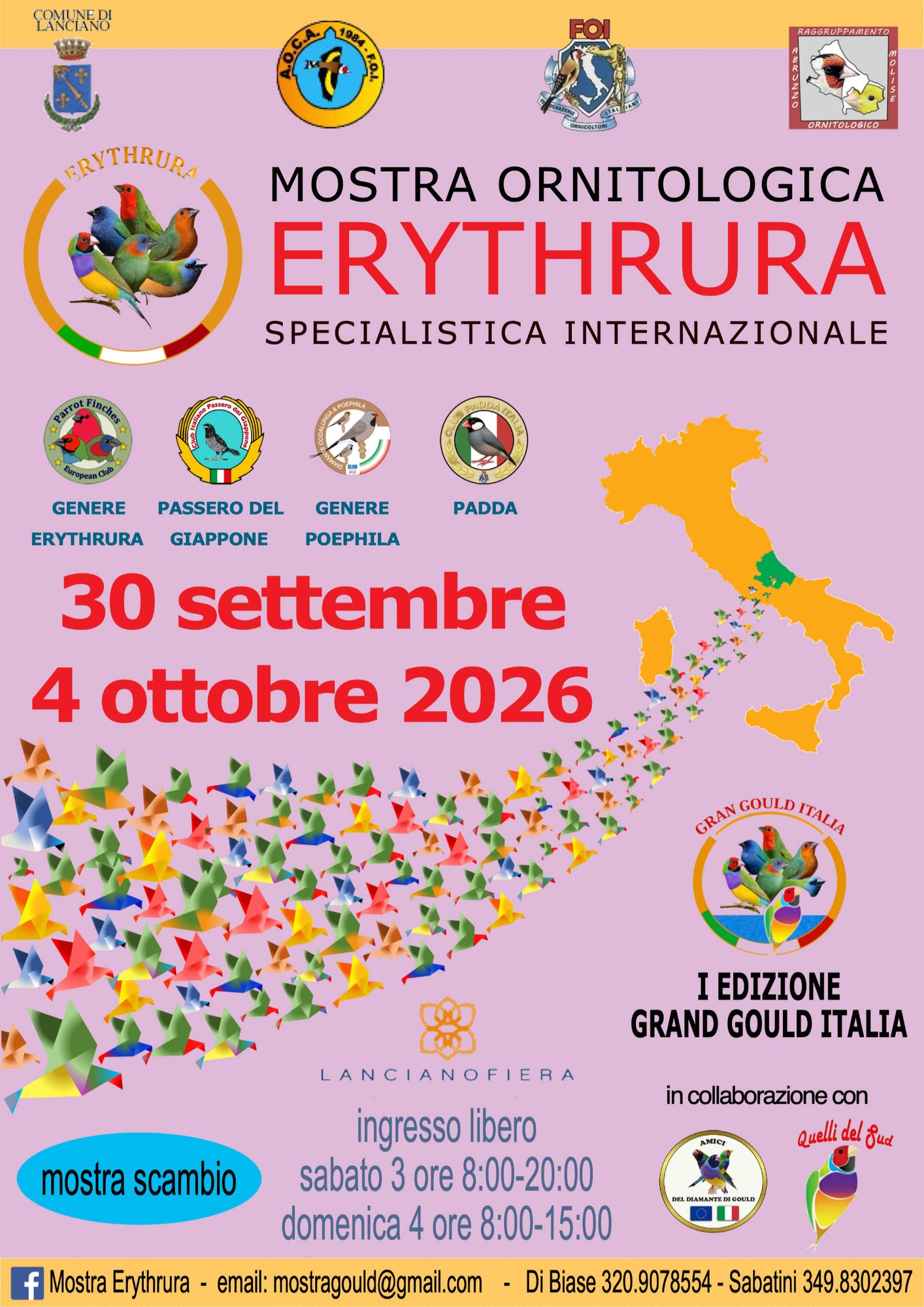 Locandina della mostra ornitologica Erythrura 2026 a Lancianofiera, dal 30 settembre al 4 ottobre, aperta al pubblico sabato 3 e domenica 4 ottobre