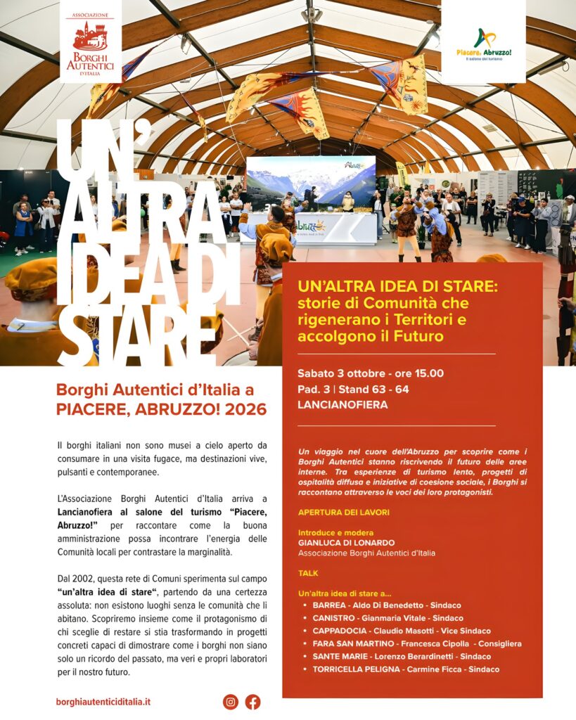 Locandina dell’incontro Un’altra idea di stare di Borghi Autentici d’Italia, sabato 3 ottobre 2026